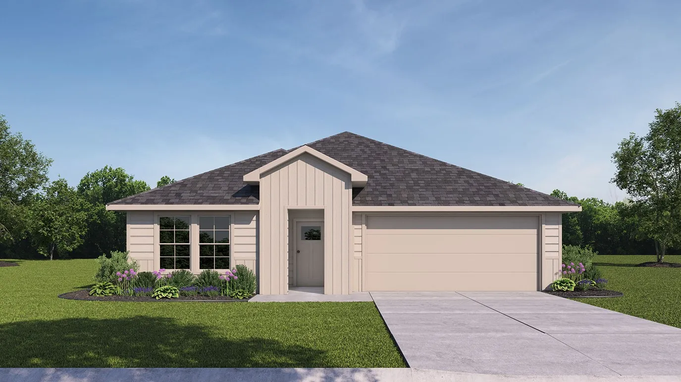 Neutral exterior paint, dark shingle roof, attached garage with concrete driveway, low-maintenance landscaping, and board and batten facade accents