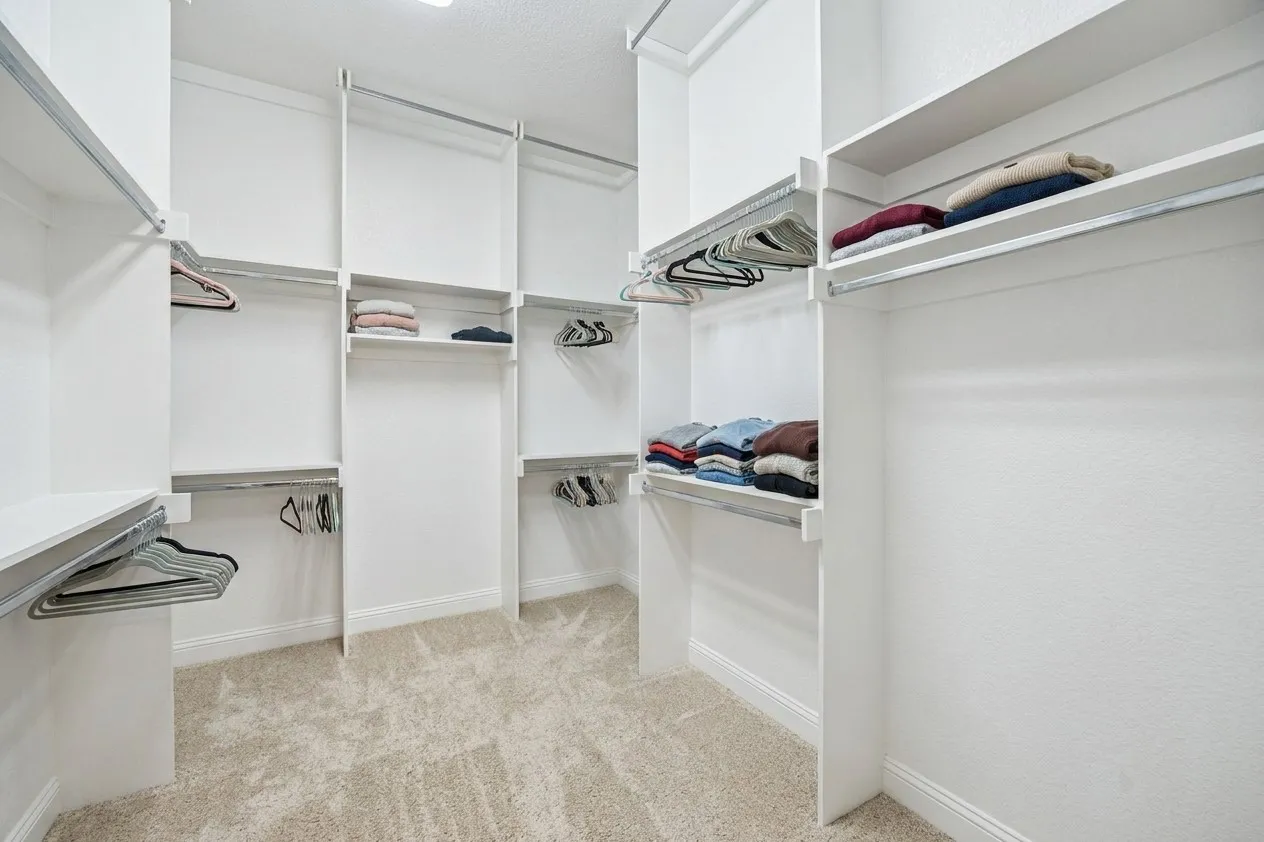 Walk-in master closet with carpet flooring, white built-in shelving, and multiple clothing rods