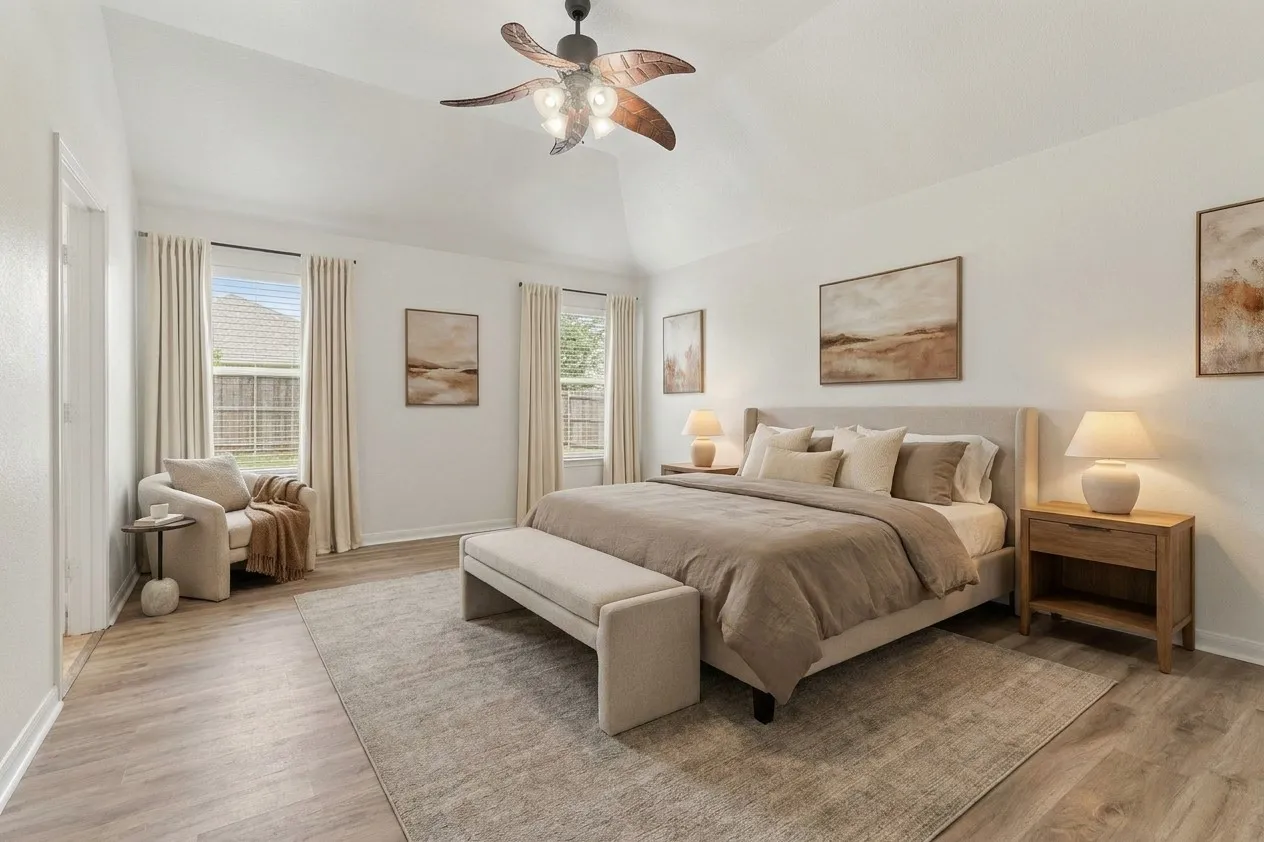 Virtually staged primary bedroom