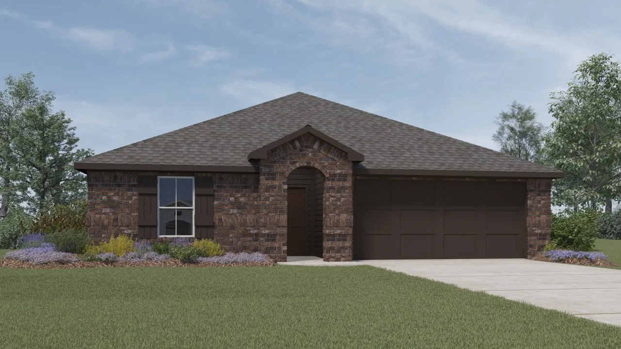 Brick facade, front-facing two-car garage, pitched shingle roof, arched entry, and landscaped front yard