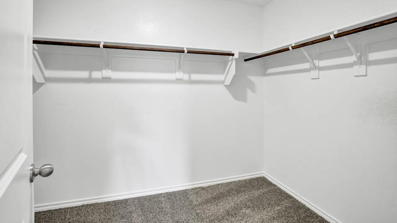 Walk-in closet with carpet flooring, white walls, and built-in shelving with hanging rods