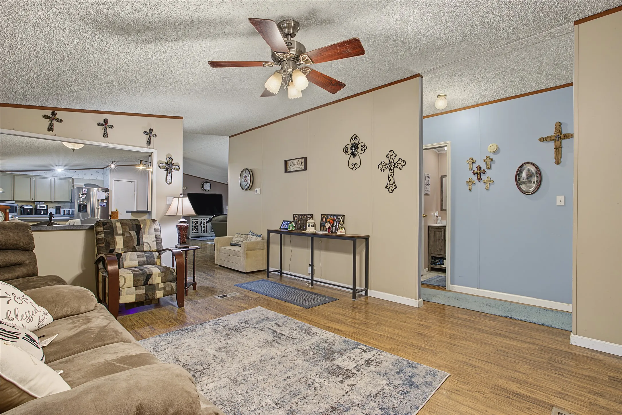 Wood-finish flooring throughout the main living areas