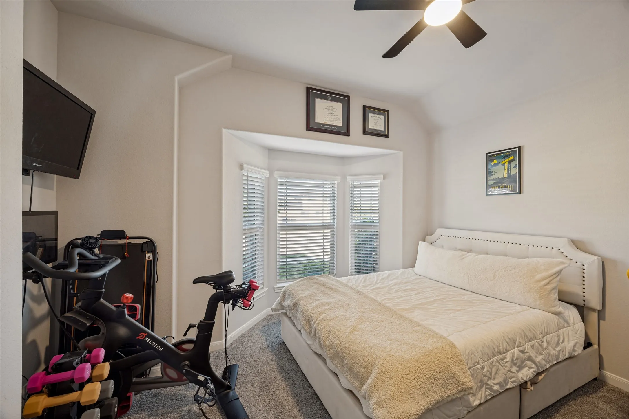 Bay window with blinds, ceiling fan, and carpeted flooring