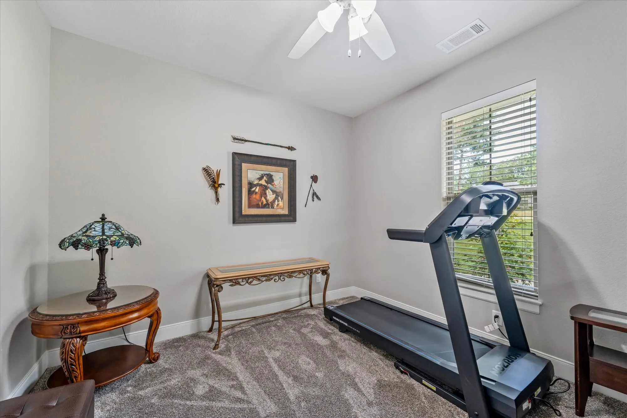 Carpeted room featuring a window with blinds, a ceiling fan, and light gray wall paint