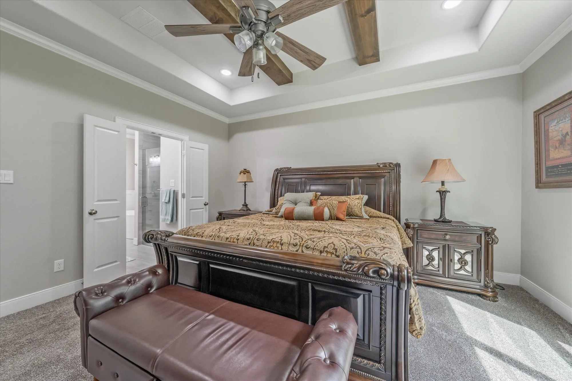 Tray ceiling with crown molding and recessed lighting