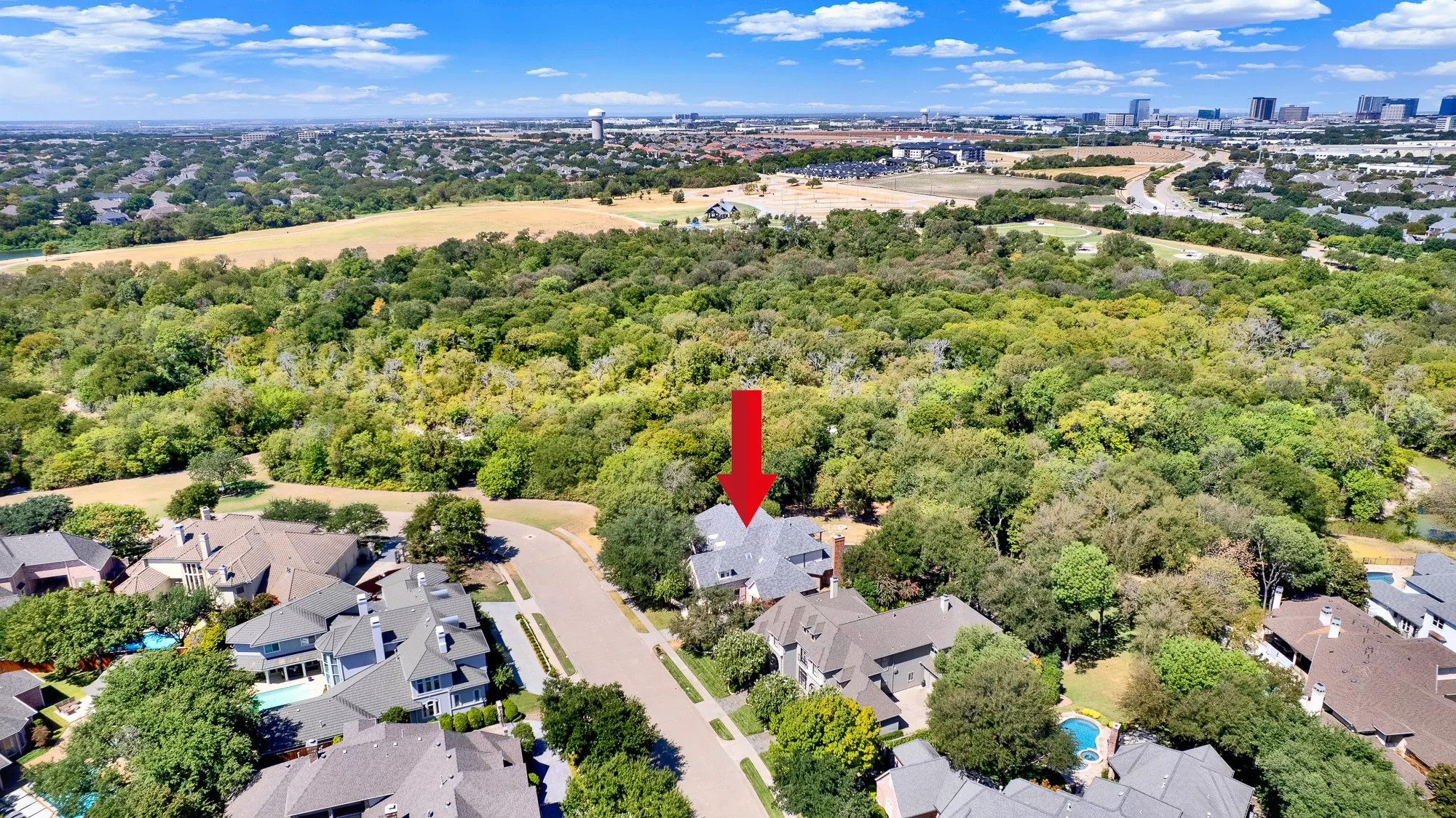 The expansive neighborhood view highlights how the estate bridges vibrant suburban life with dense forest acreage. Picture hosting neighborhood block parties before retreating to your private, tree-lined sanctuary