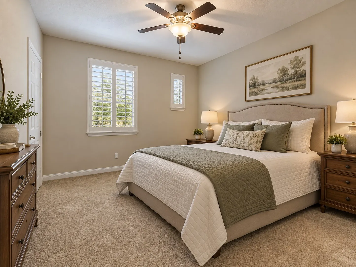 Second upstairs bedroom with shutters and ceiling fan - virtually staged