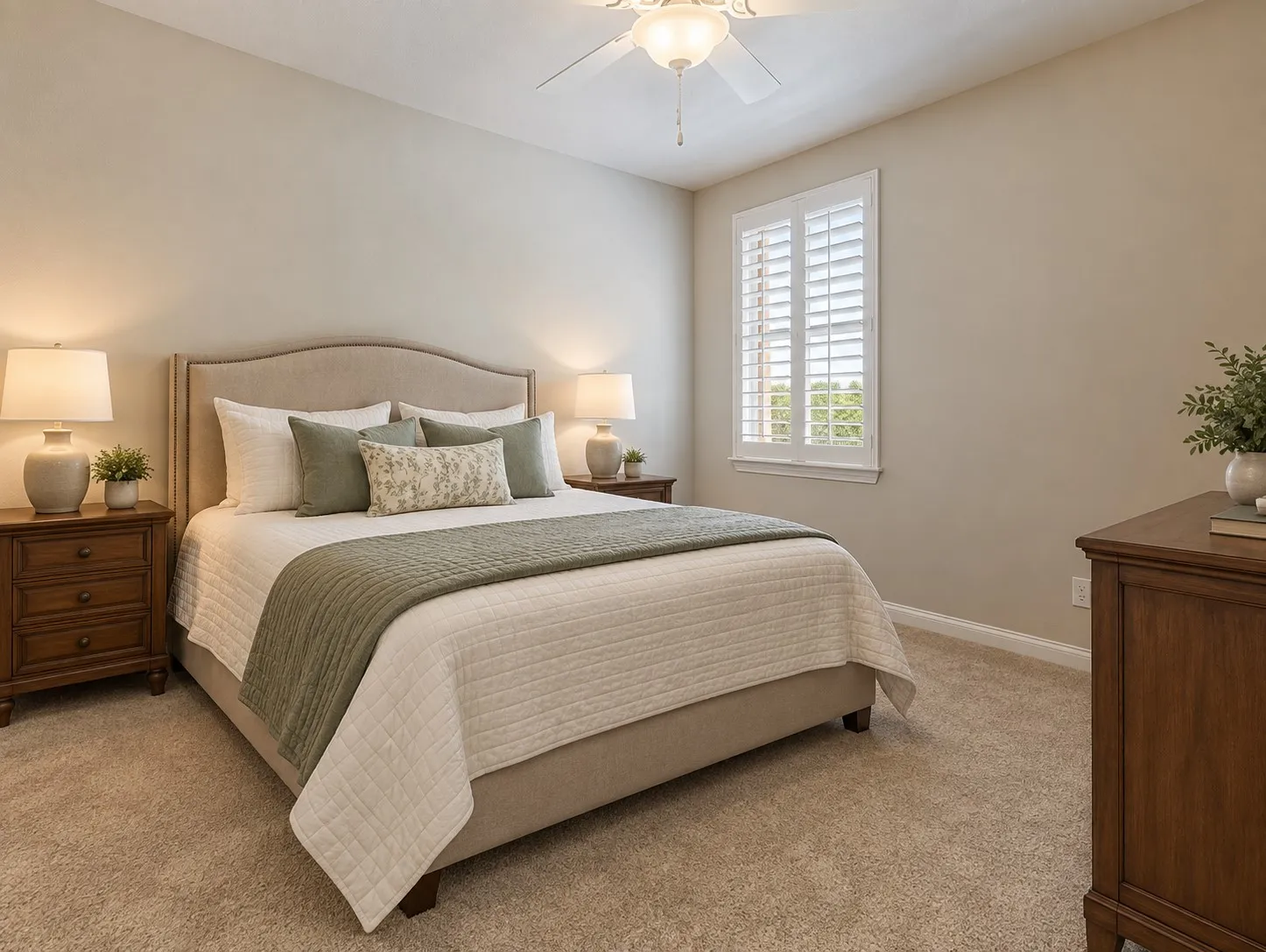Upstairs bedroom with ceiling fan - virtually staged
