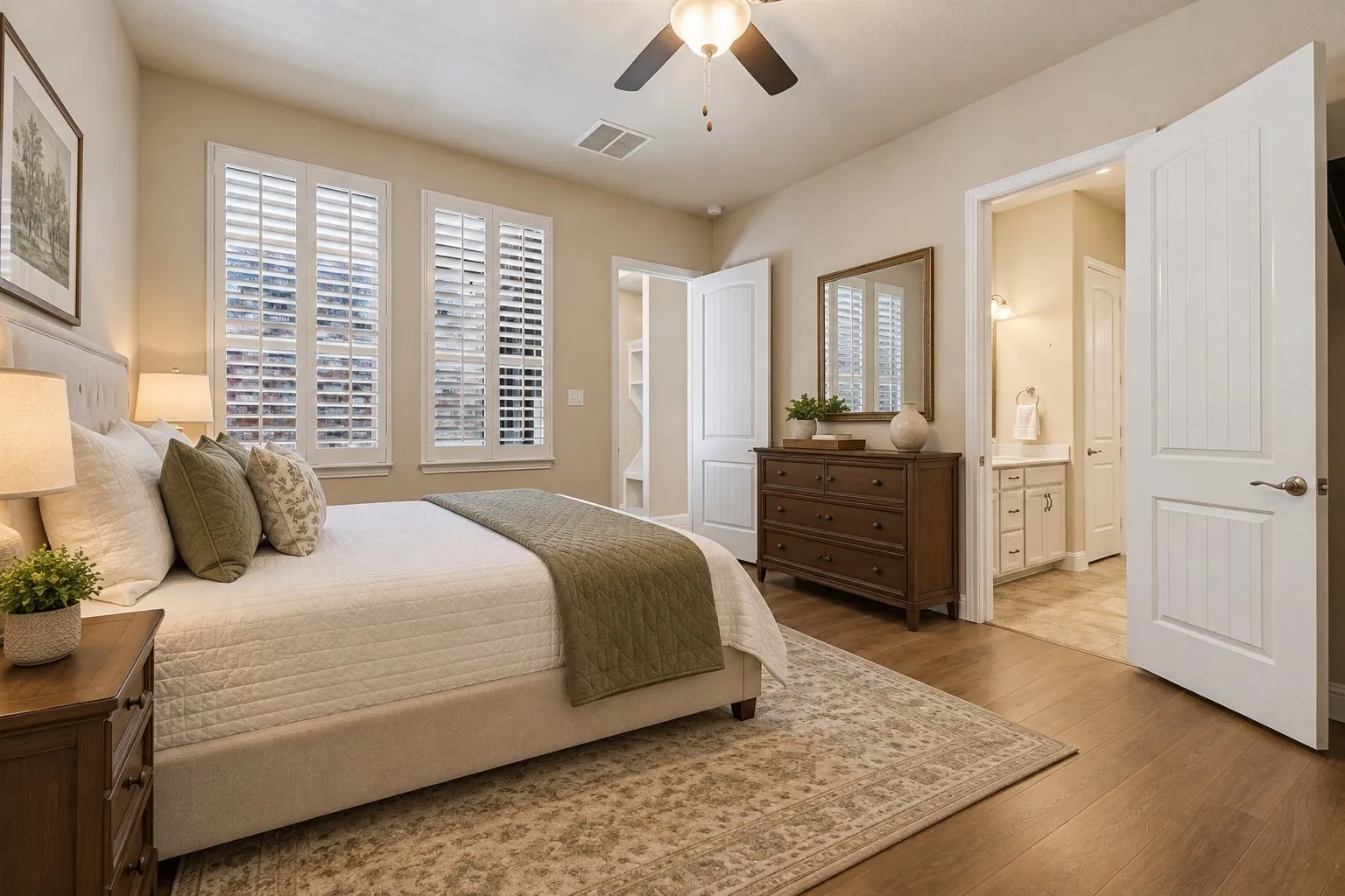 Spacious downstairs primary bedroom with plantation shutters - virtually staged