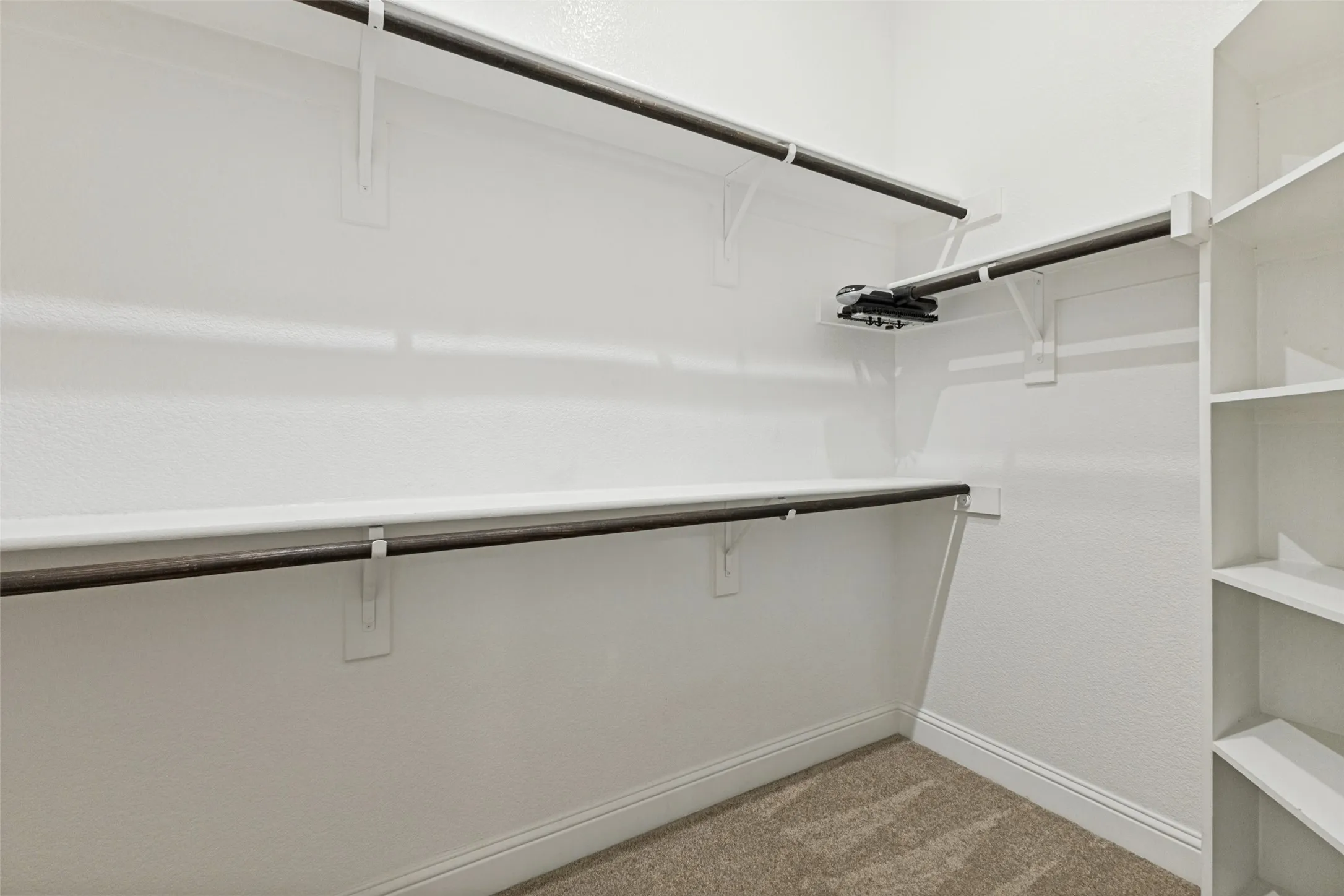 Large primary walk-in closet with built-in shelving and multiple hanging rods