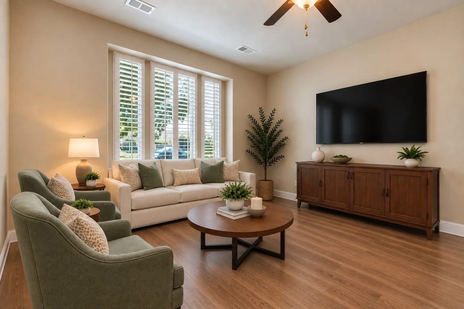 Plantation shutters, nice high ceiling, virtually staged