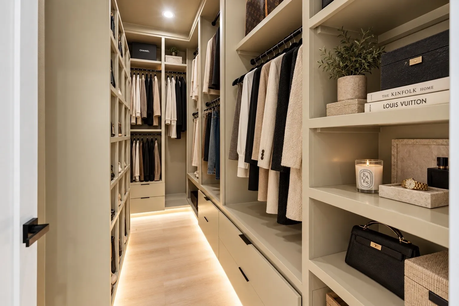 Custom closet system with integrated shelving, hanging rods, recessed lighting, and wood-finish flooring with accent lighting