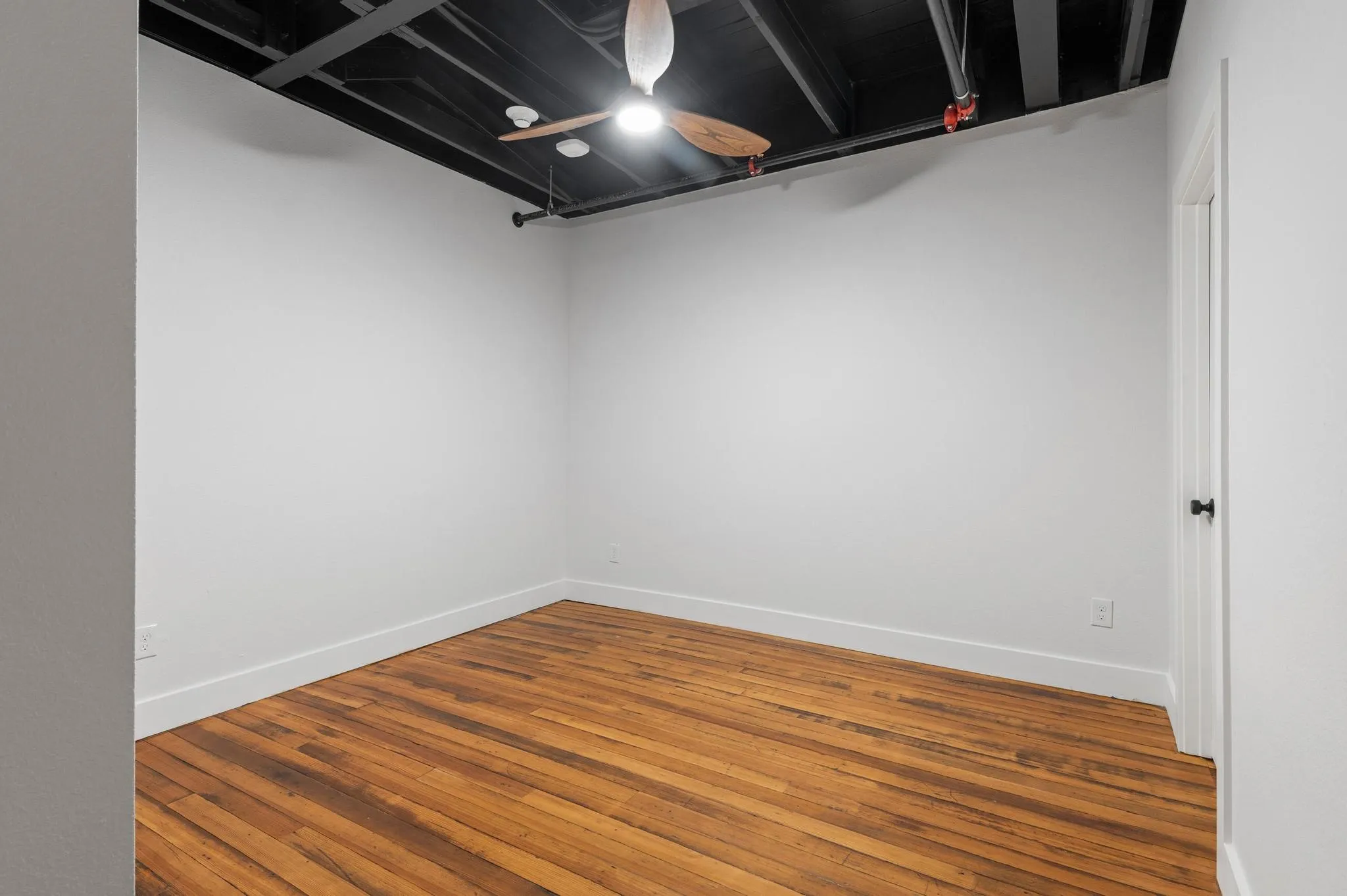 Exposed ceiling joists with a matte black finish
