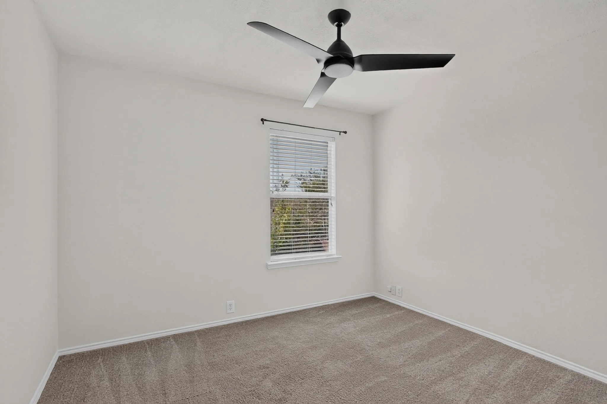 Recently painted,carpet flooring, upgraded ceiling fan, window with blinds, and white trim throughout.
