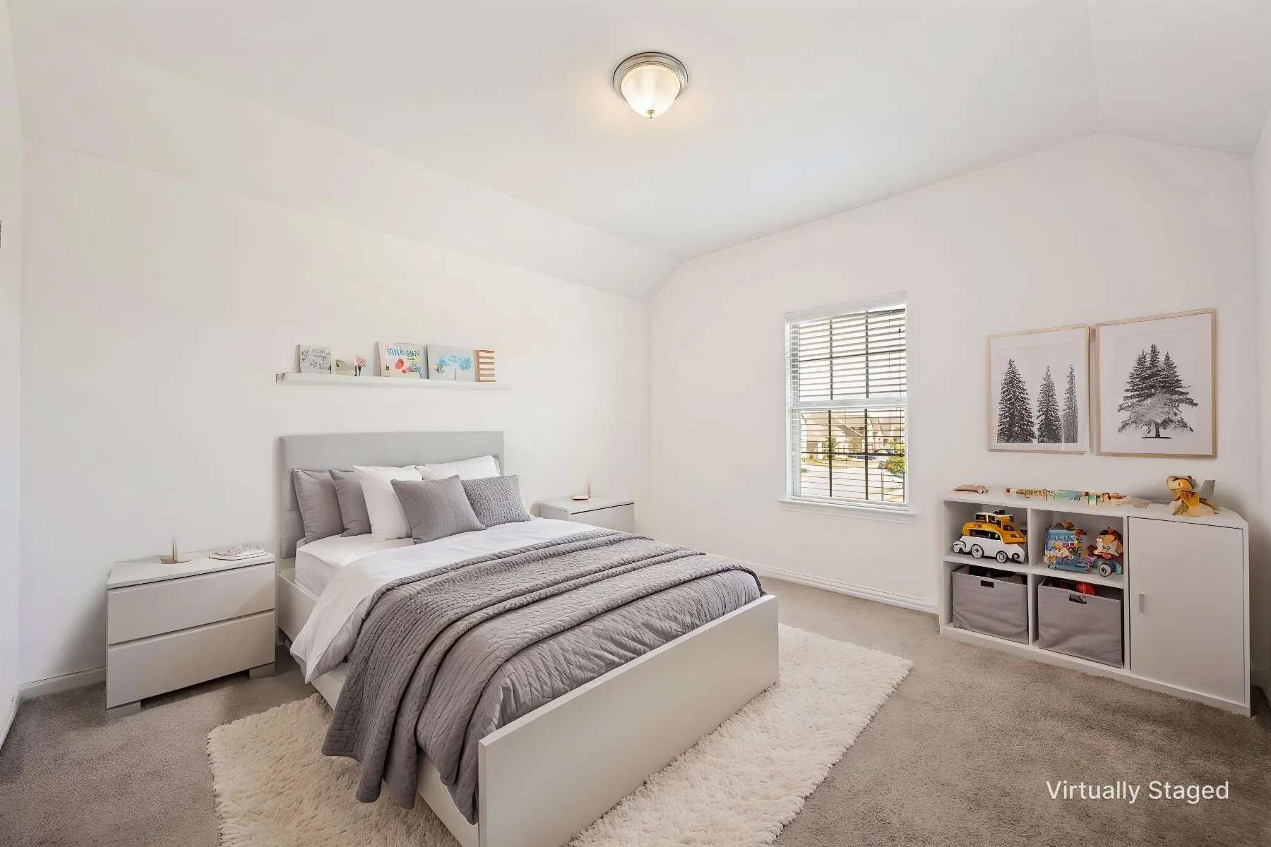 Vaulted ceiling, recessed window, wall-mounted shelving, built-in cabinetry, and carpeted flooring