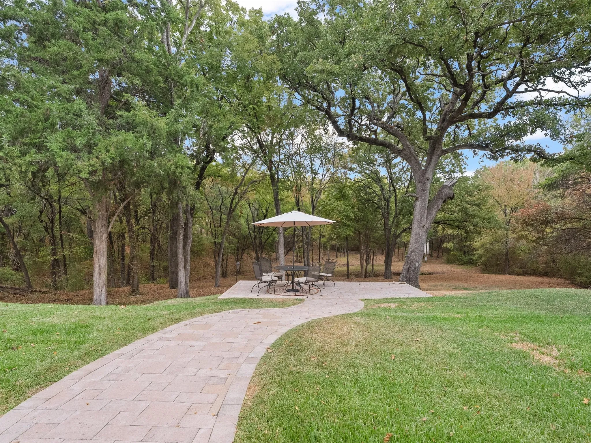 View of wooded back yard, stone walkway and patio