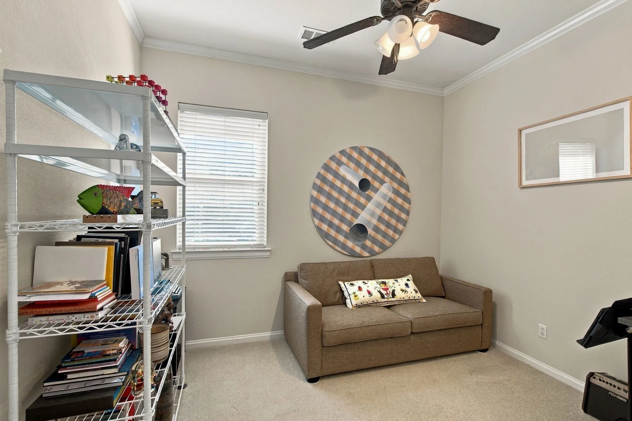 Recessed lighting, crown molding, ceiling fan with integrated lighting, window with blinds, and carpet flooring