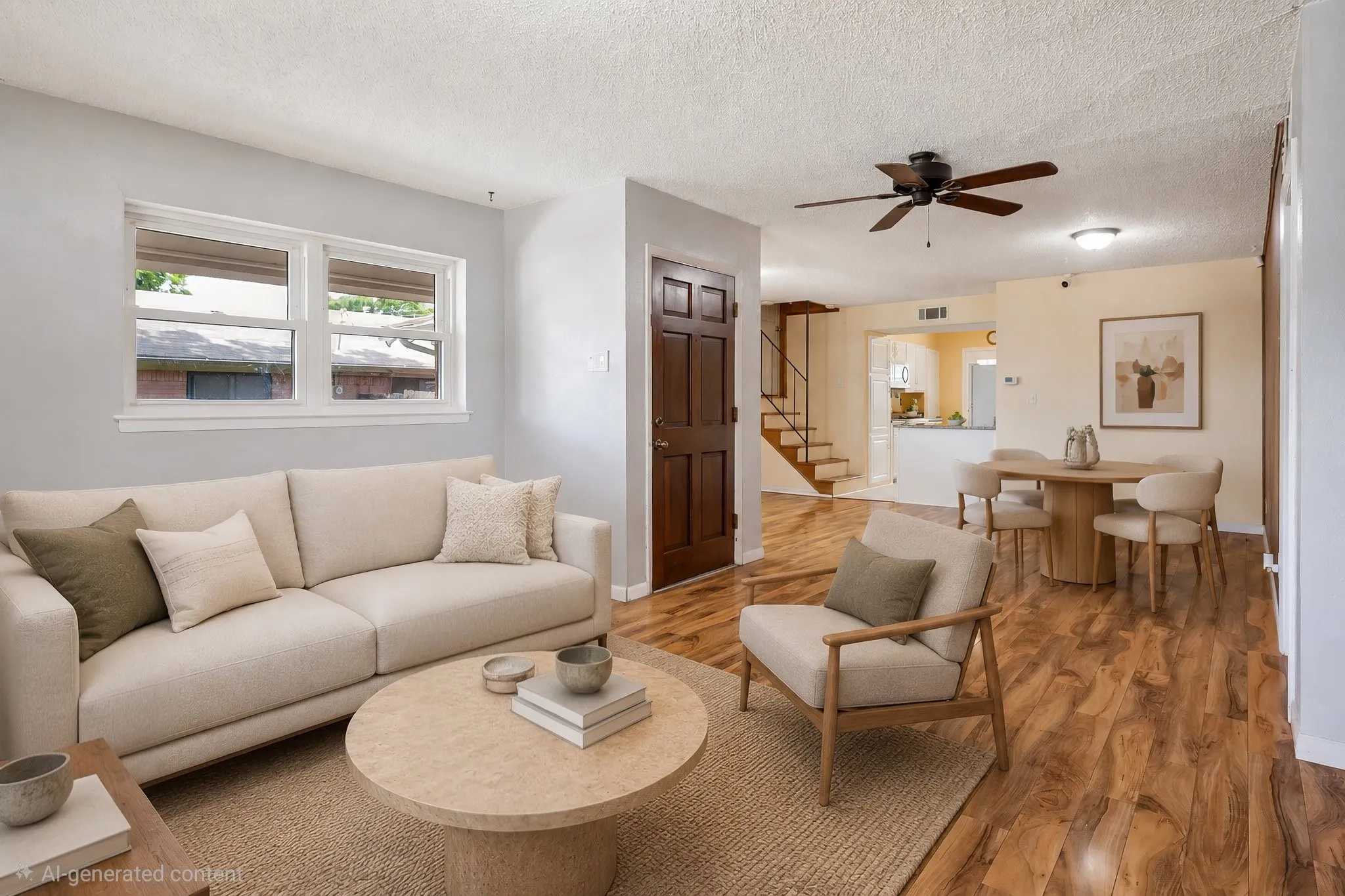 Living and dining areas virtually staged.