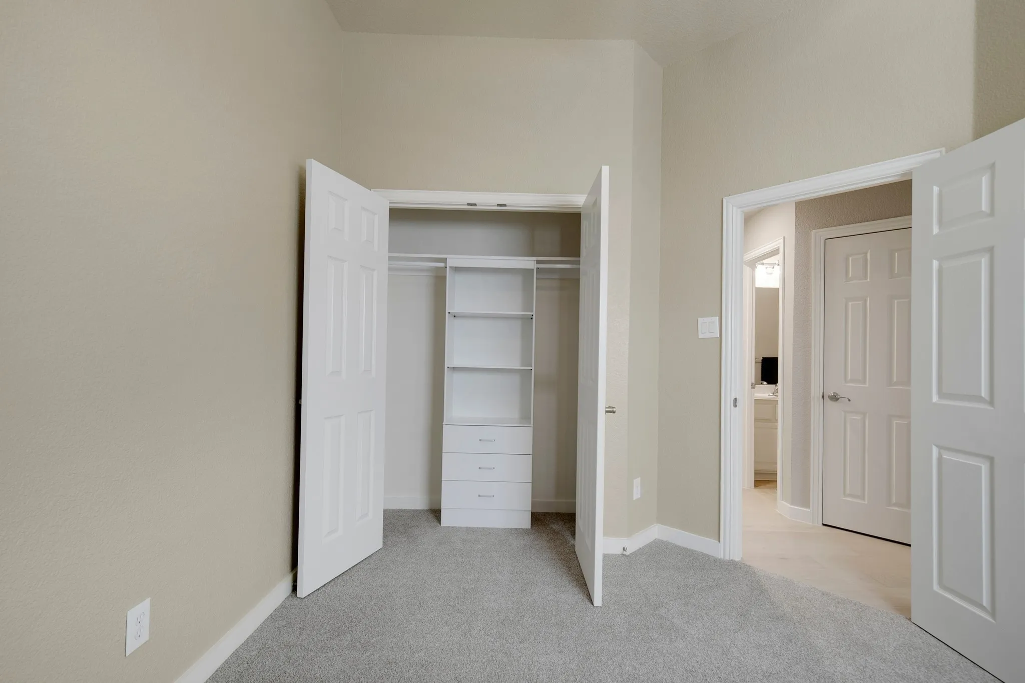 Built-in closet shelving with drawers, light gray carpeting, and neutral wall paint