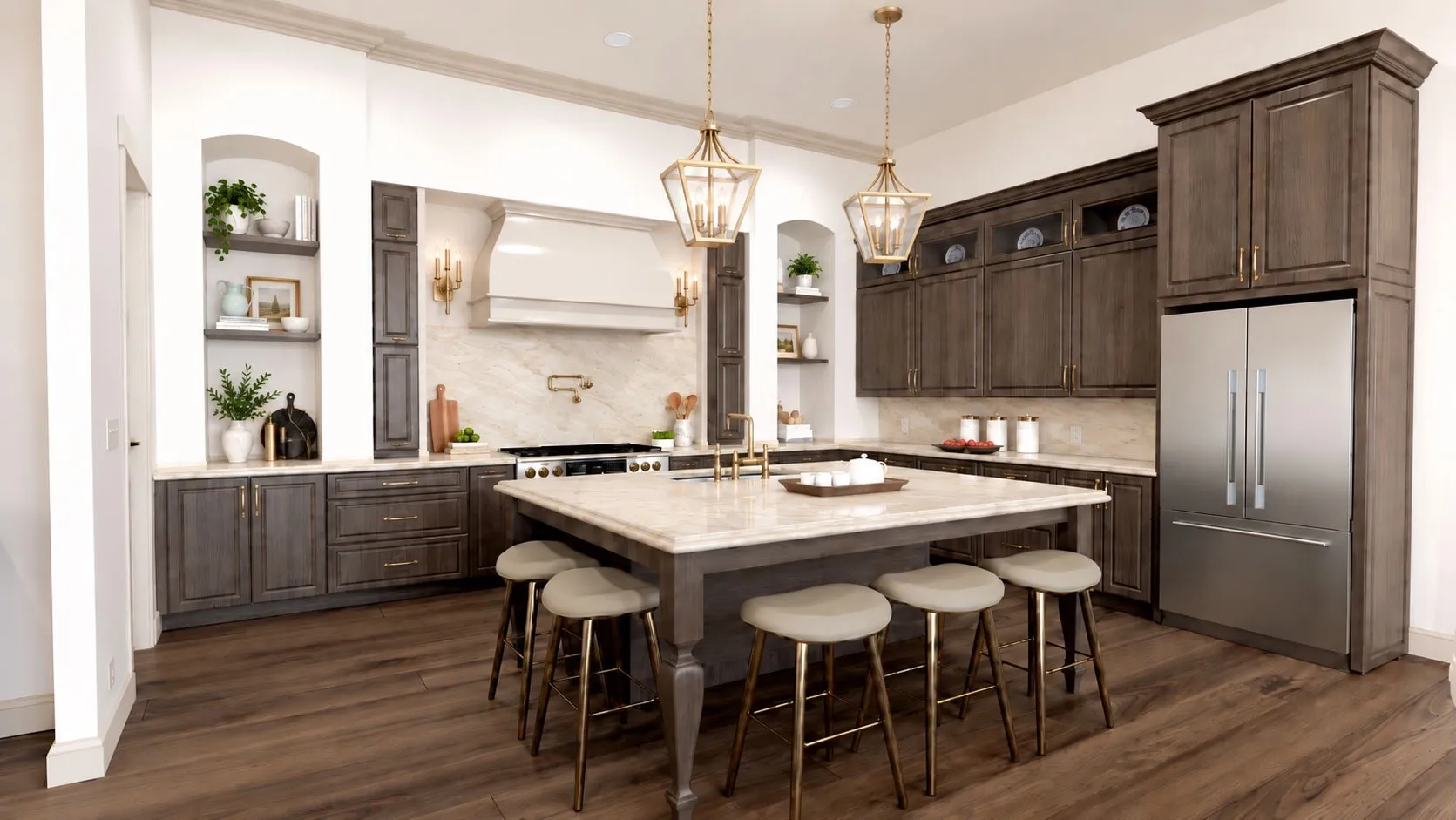 The exquisite kitchen featuring solid-wood cabinetry, bespoke champagne-bronze hardware, creamy quartz counters, and a butlers pantry with wine fridge. A 48” KitchenAid range, pot filler, and enormous island with apron sink & wraparound seating complete this exceptional culinary space.Rendering Disclaimer: Images are artist renderings intended to illustrate the anticipated finished home. Final finishes, materials, colors, fixtures, landscaping, and other details are subject to change.