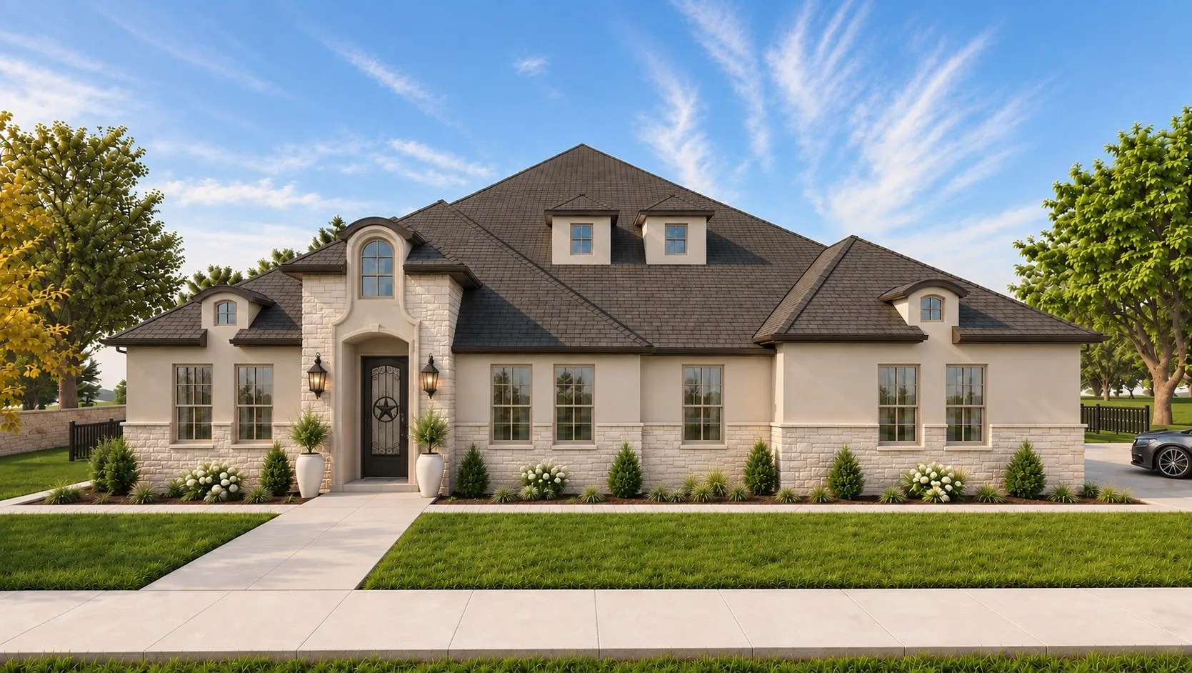 Stucco and stone exterior with a dark shingle roof, arched entry, and decorative dormer windows. Around the right side of the home, an electric driveway gate leads to the extra-deep 3-car garages with insulated doors, workshop space, and dedicated mechanical room.Rendering Disclaimer: Images are artist renderings intended to illustrate the anticipated finished home. Final finishes, materials, colors, fixtures, landscaping, and other details are subject to change.