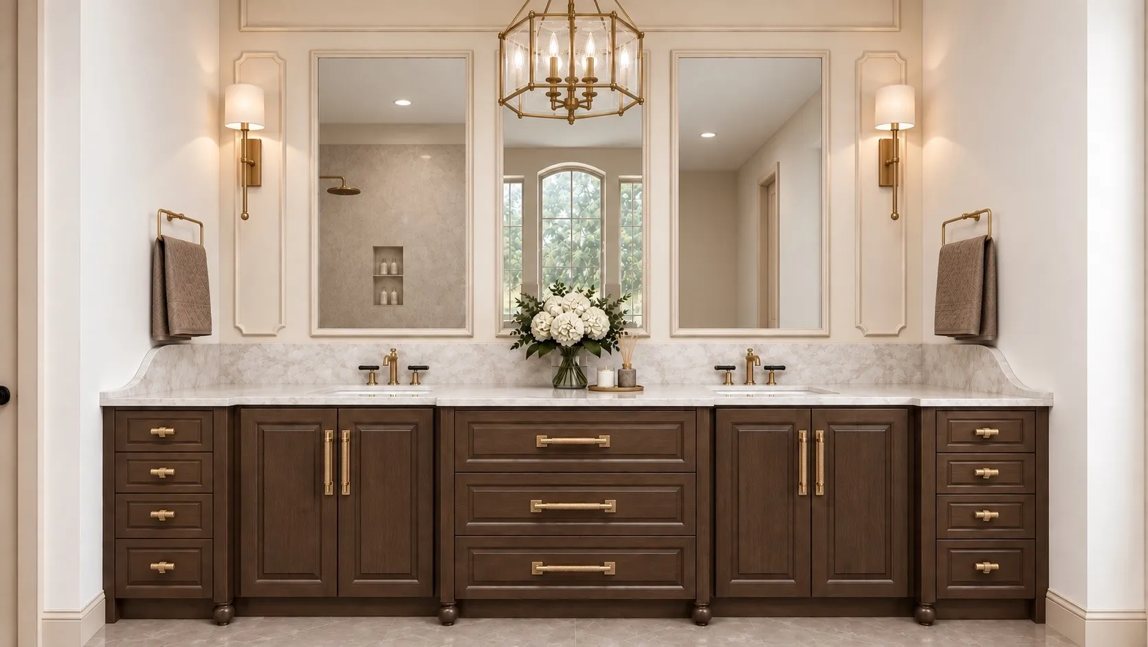 The private primary suite is a luxurious retreat, featuring a spa-inspired bath with freestanding soaking tub, oversized walk-in shower, 10’ artisanal wood dual vanity, quartz counters, and 48” x 48” porcelain tile.Rendering Disclaimer: Images are artist renderings intended to illustrate the anticipated finished home. Final finishes, materials, colors, fixtures, landscaping, and other details are subject to change.