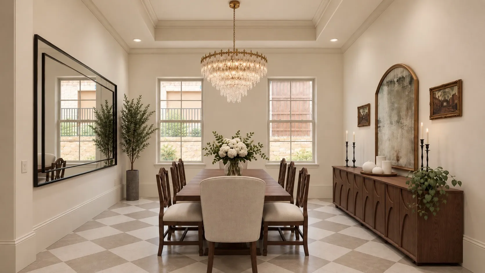 Just off the heart of the home, the formal dining room offers a more intimate setting with checkered porcelain tile, high tray ceiling, and statement chandelier.Rendering Disclaimer: Images are artist renderings intended to illustrate the anticipated finished home. Final finishes, materials, colors, fixtures, landscaping, and other details are subject to change.