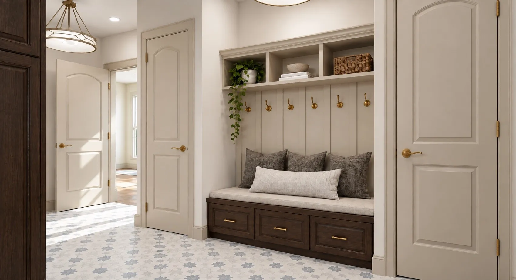 Within the expansive laundry room, a custom mudroom offers tailored bench seating, built-in storage, cubbies, and elegant champagne-bronze hooks. Two oversized utility cabinets flank the built-in, with direct access to the main garage creating a beautifully functional everyday drop zone.Rendering Disclaimer: Images are artist renderings intended to illustrate the anticipated finished home. Final finishes, materials, colors, fixtures, landscaping, and other details are subject to change.