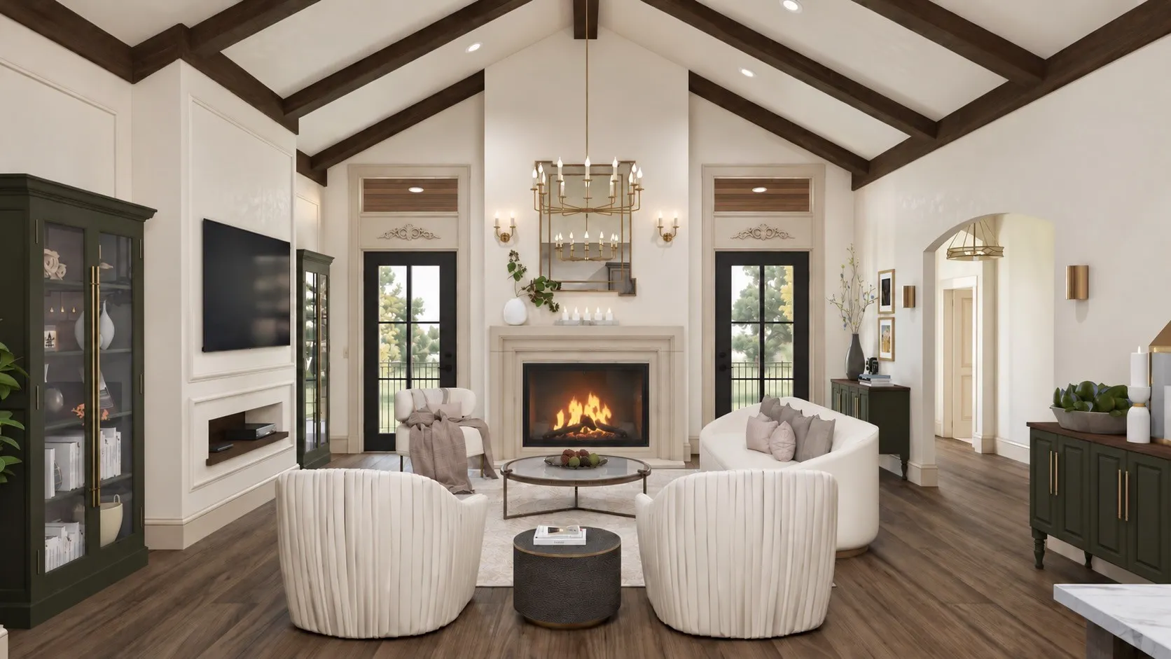 The great room makes a dramatic impression with an 18’ cathedral ceiling, wood beams, floor-to-ceiling gas fireplace, and glass doors opening to the 20’x11.5’ covered patio.Rendering Disclaimer: Images are artist renderings intended to illustrate the anticipated finished home. Final finishes, materials, colors, fixtures, landscaping, and other details are subject to change.
