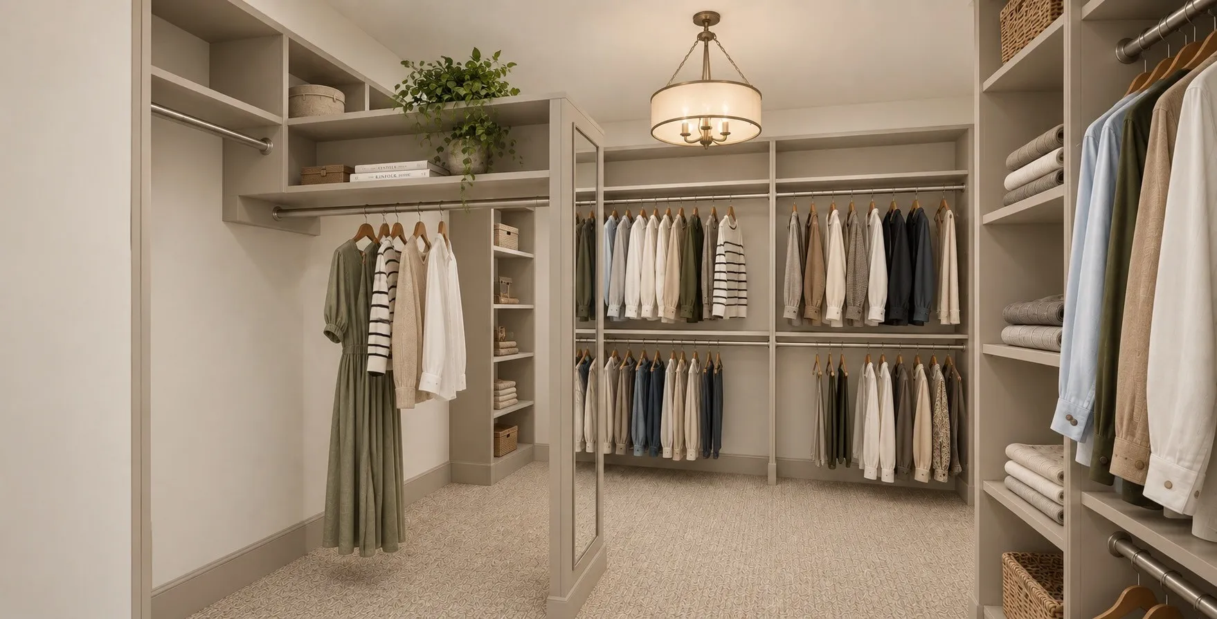 The impressive 14’ x 10’ custom primary closet with built-in cabinetry, shelving, multiple hanging rods, and a full-length mirror connects directly to the beautifully appointed laundry room.Rendering Disclaimer: Images are artist renderings intended to illustrate the anticipated finished home. Final finishes, materials, colors, fixtures, landscaping, and other details are subject to change.