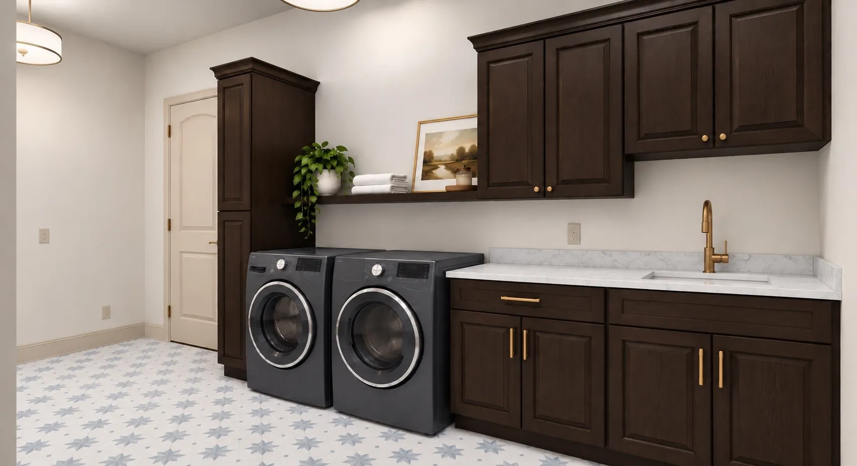 Custom dark-stained cabinetry, creamy quartz counters, a utility sink, and champagne-bronze fixtures elevate this spacious laundry room. Art deco-inspired lighting and statement porcelain floor tile complete the beautifully curated design. With direct access to the primary suite and main garage for added convenience.Rendering Disclaimer: Images are artist renderings intended to illustrate the anticipated finished home. Final finishes, materials, colors, fixtures, landscaping, and other details are subject to change.