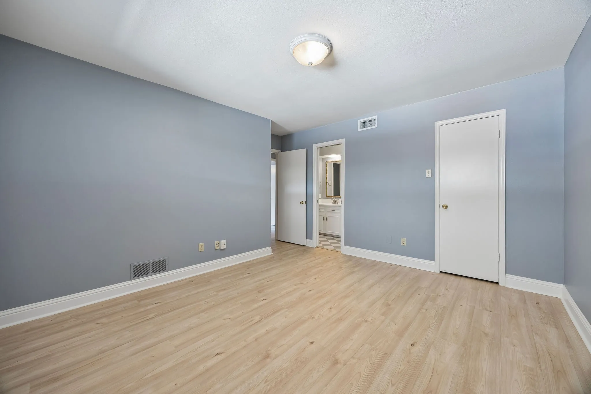 Spacious secondary bedroom with wood-look flooring and convenient access to a nearby bath.