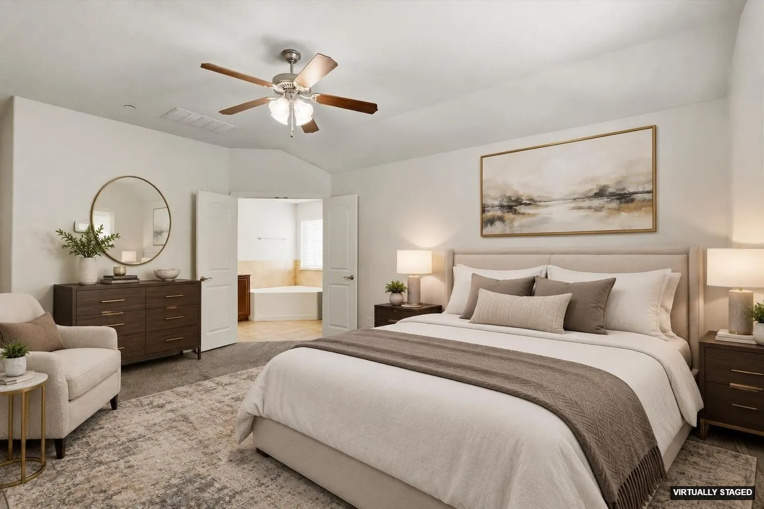 The Primary Bedroom is nicely sized and offers a huge walk-in closet (virtually staged).