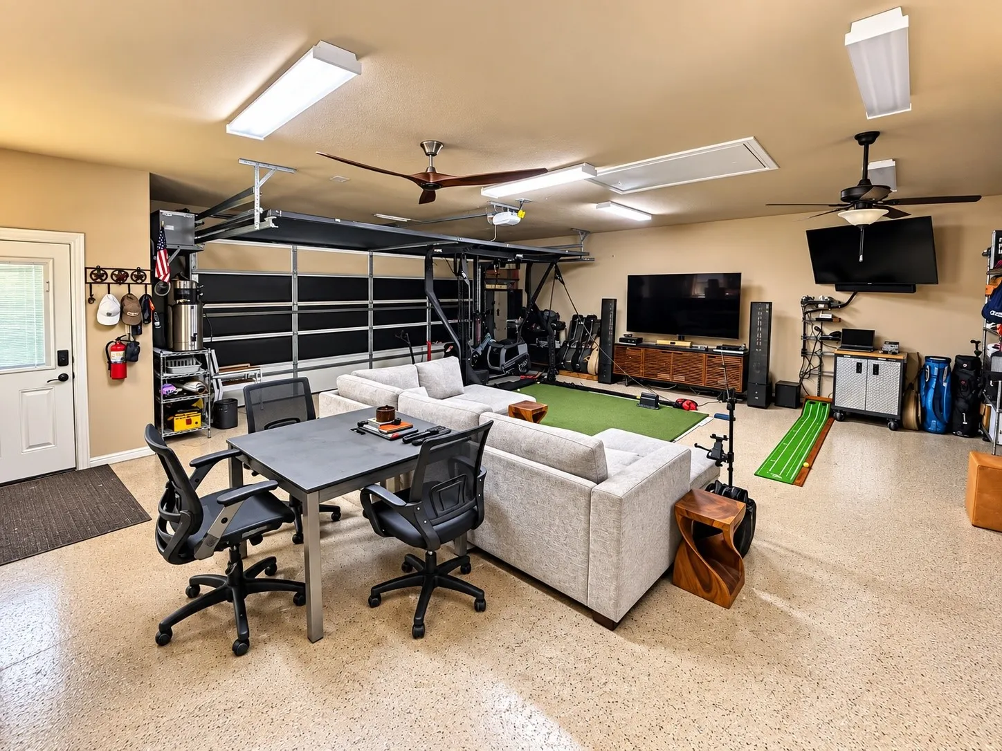 Detached 2-car garage with epoxy flooring, half bathroom, screened garage door, and window AC unit