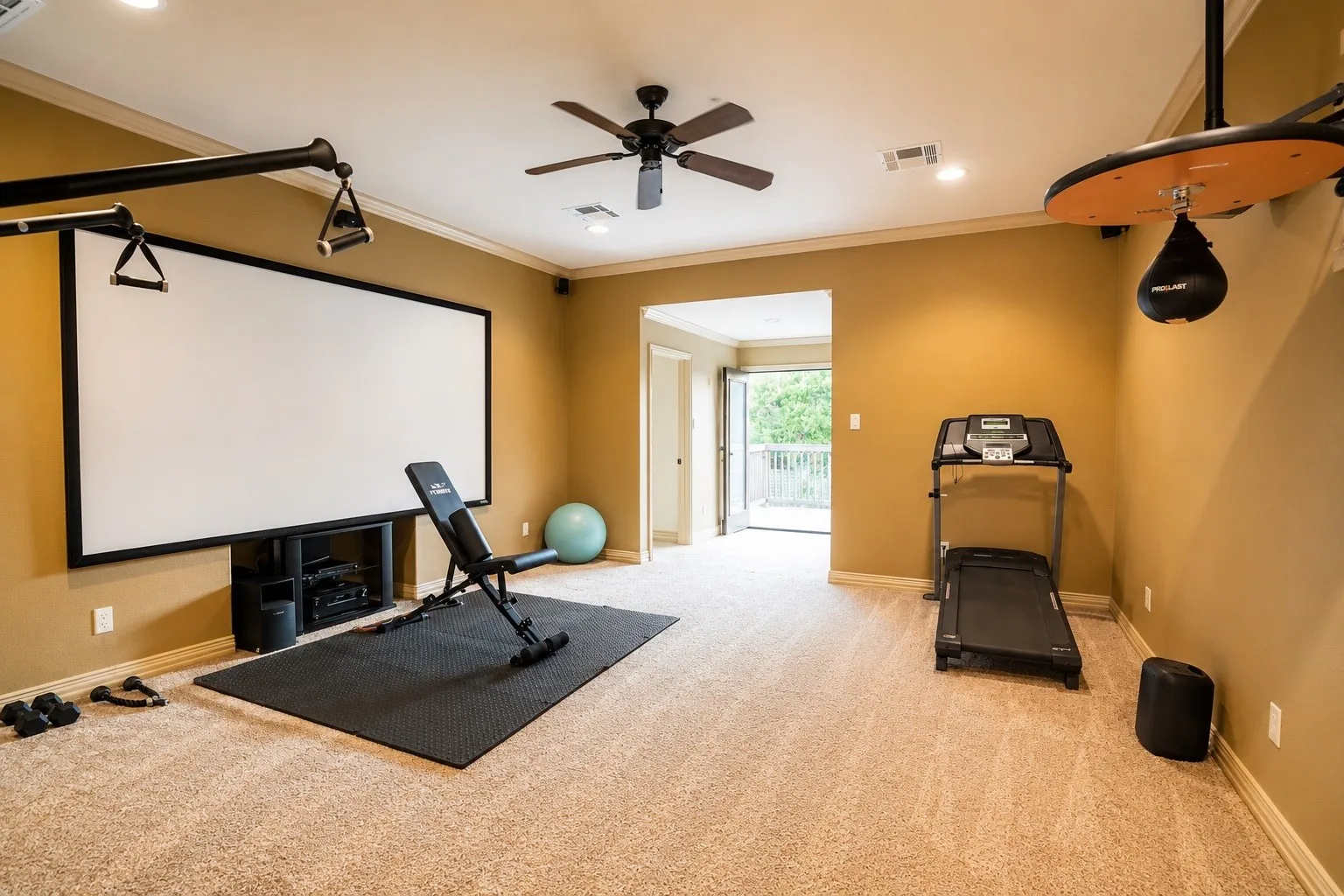 Recessed lighting, ceiling fan, and carpeted flooring