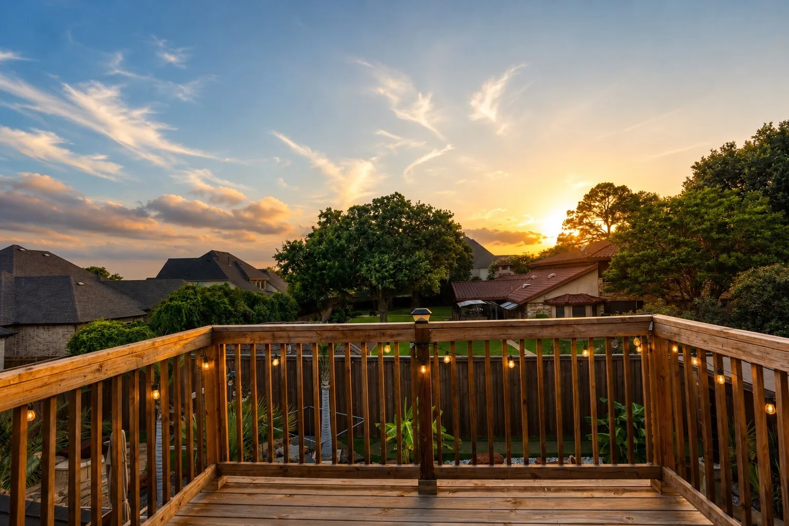 Wood-finish decking with a substantial railing