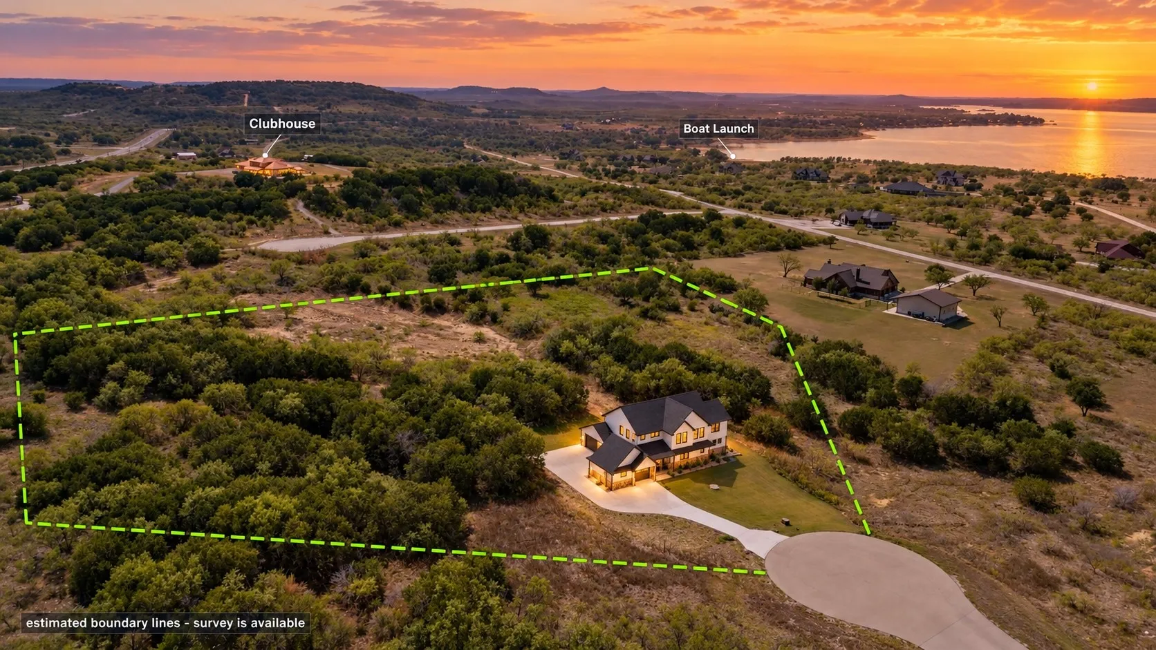 Overview with Clubhouse and Boat Launch within easy reach. Lot lines are estimated.