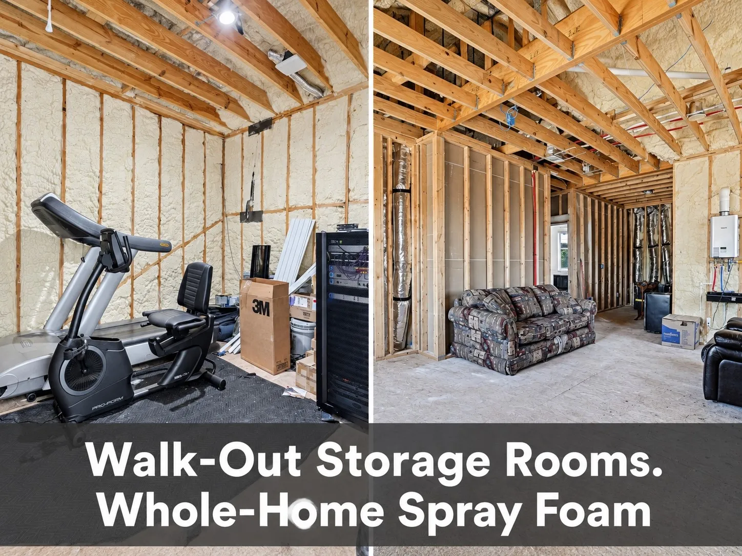 Exposed wood joists, wood stud framing, foam insulation, and a water heater