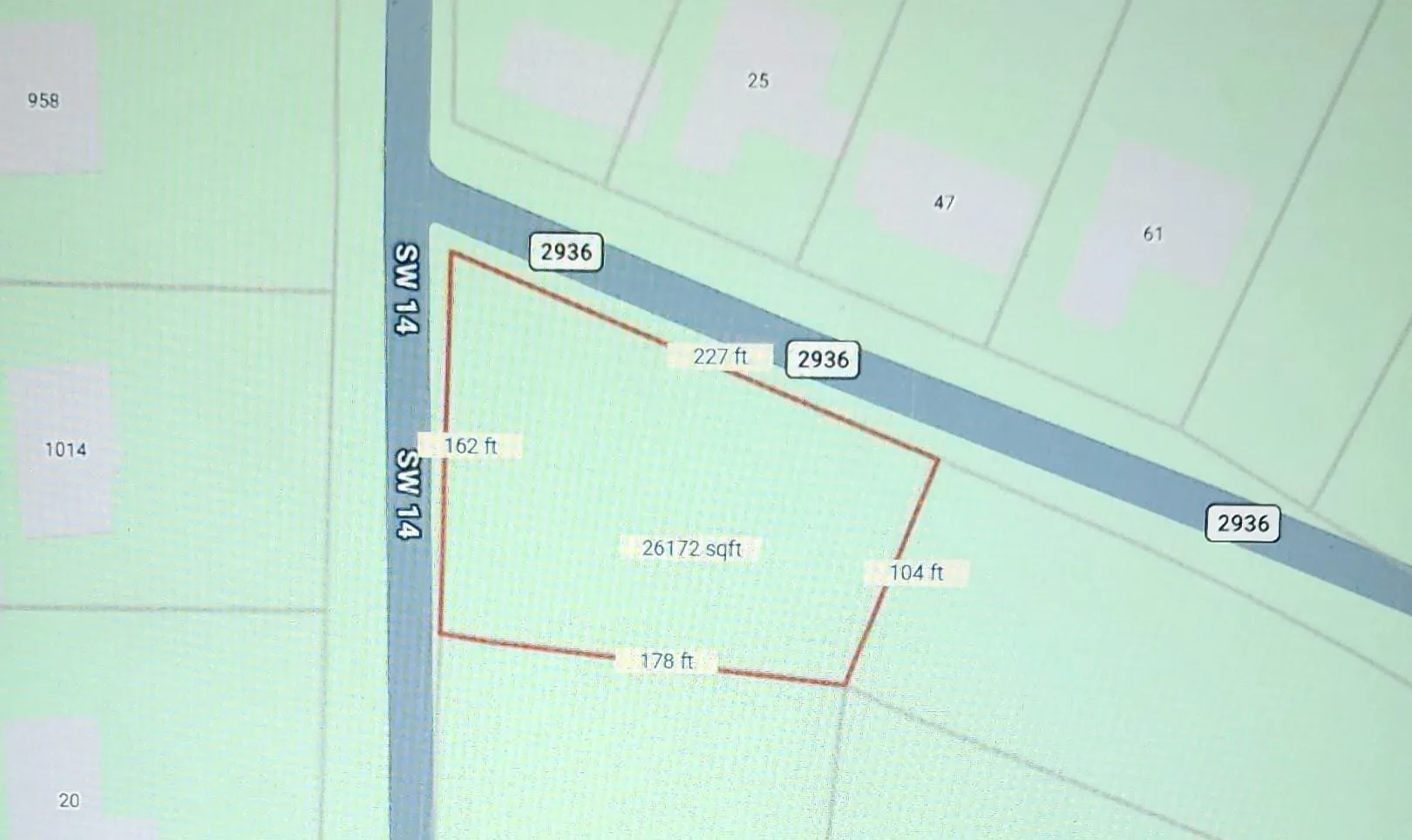 Plat Map. Illustrating the boundaries, dimensions, and area of the property, along with adjacent roads and parcel identifiers