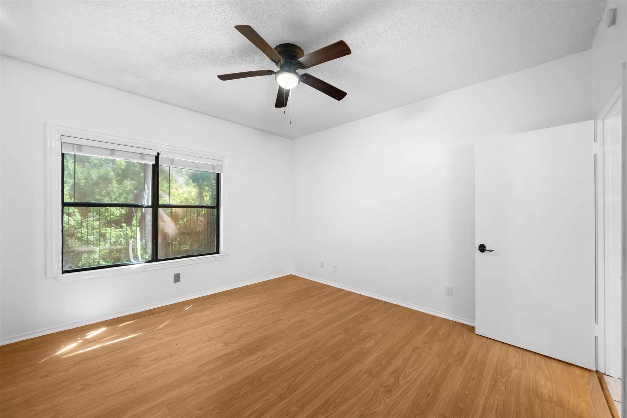 Light wood-finish flooring, a ceiling fan with integrated lighting, and a white interior door with matte black hardware