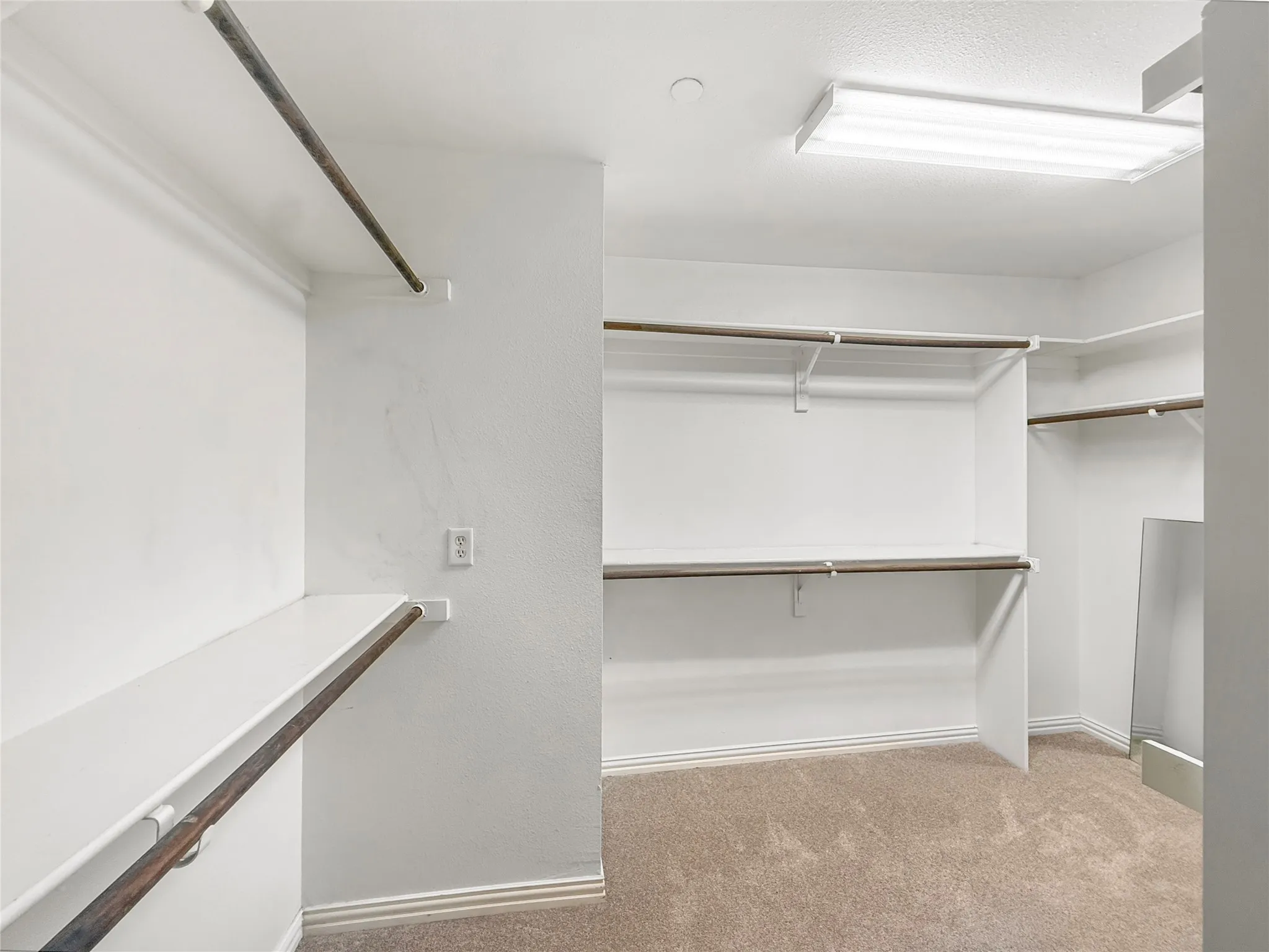 Built-in shelving, multiple hanging rods, and carpet flooring