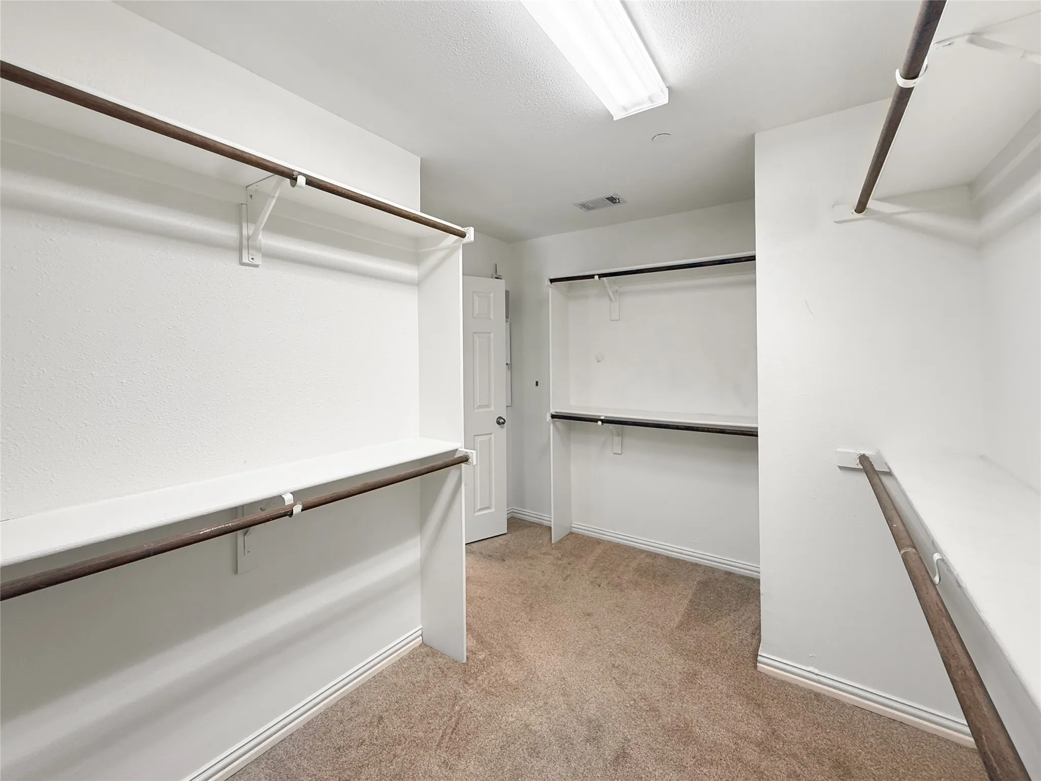 Expansive walk-in closet featuring built-in shelving, multiple hanging rods, durable carpet flooring, and overhead lighting