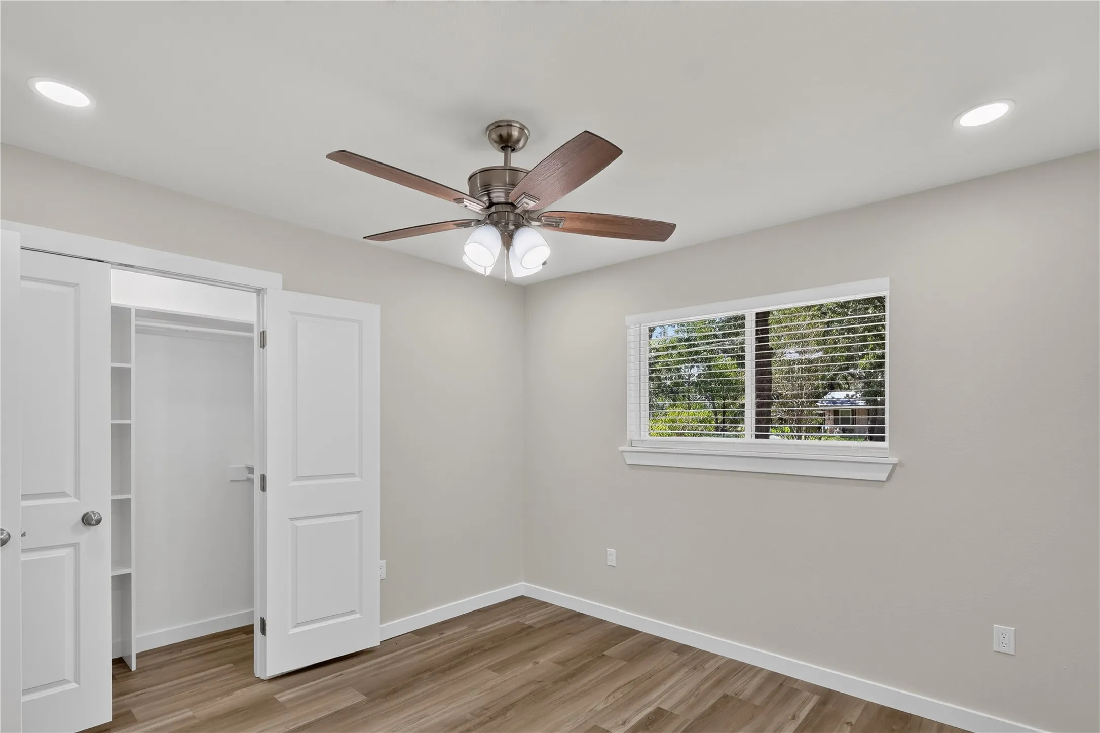 Wood-finish flooring with white trim