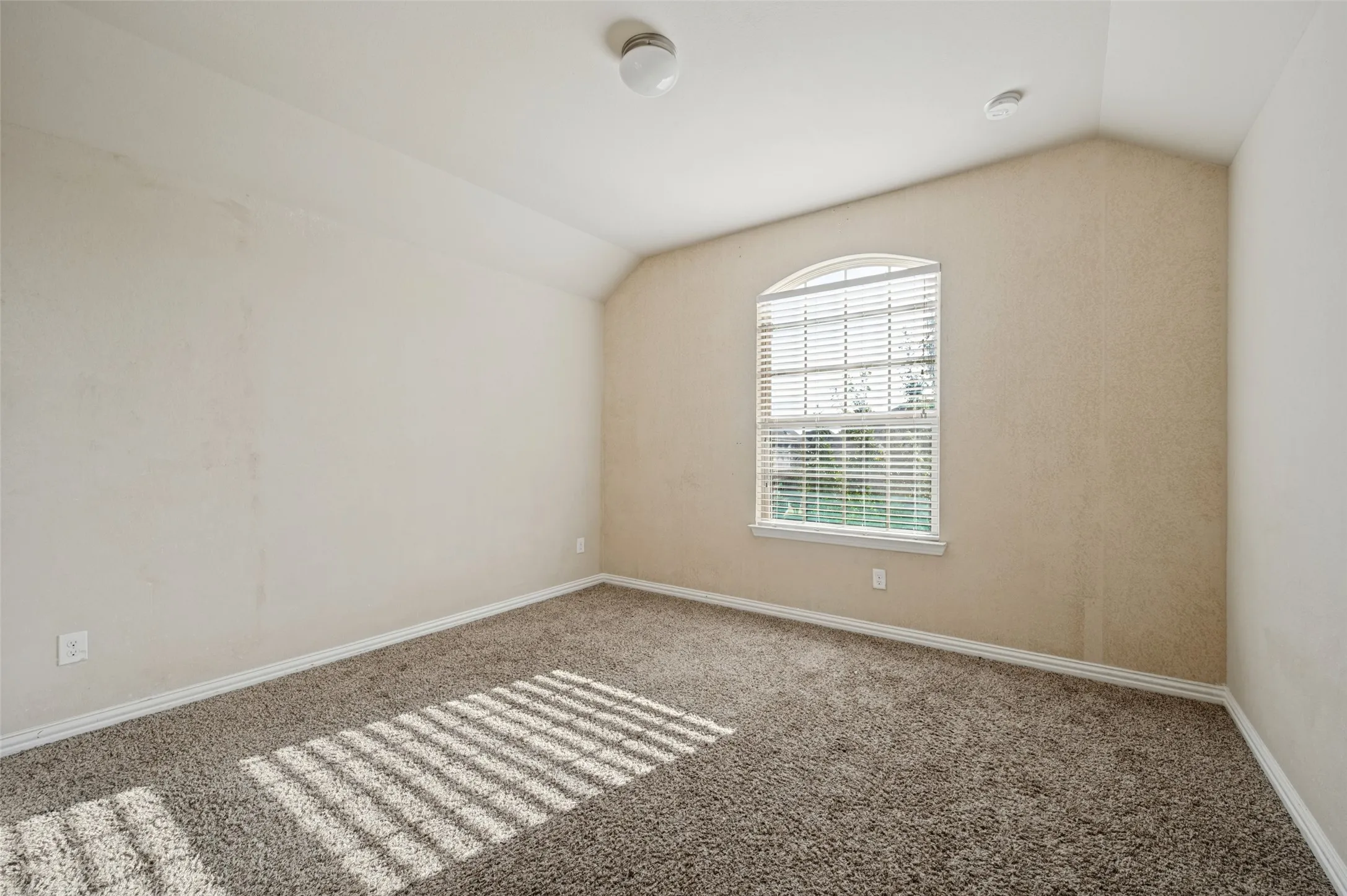 Vaulted ceiling, arched window with blinds, and neutral carpet flooring