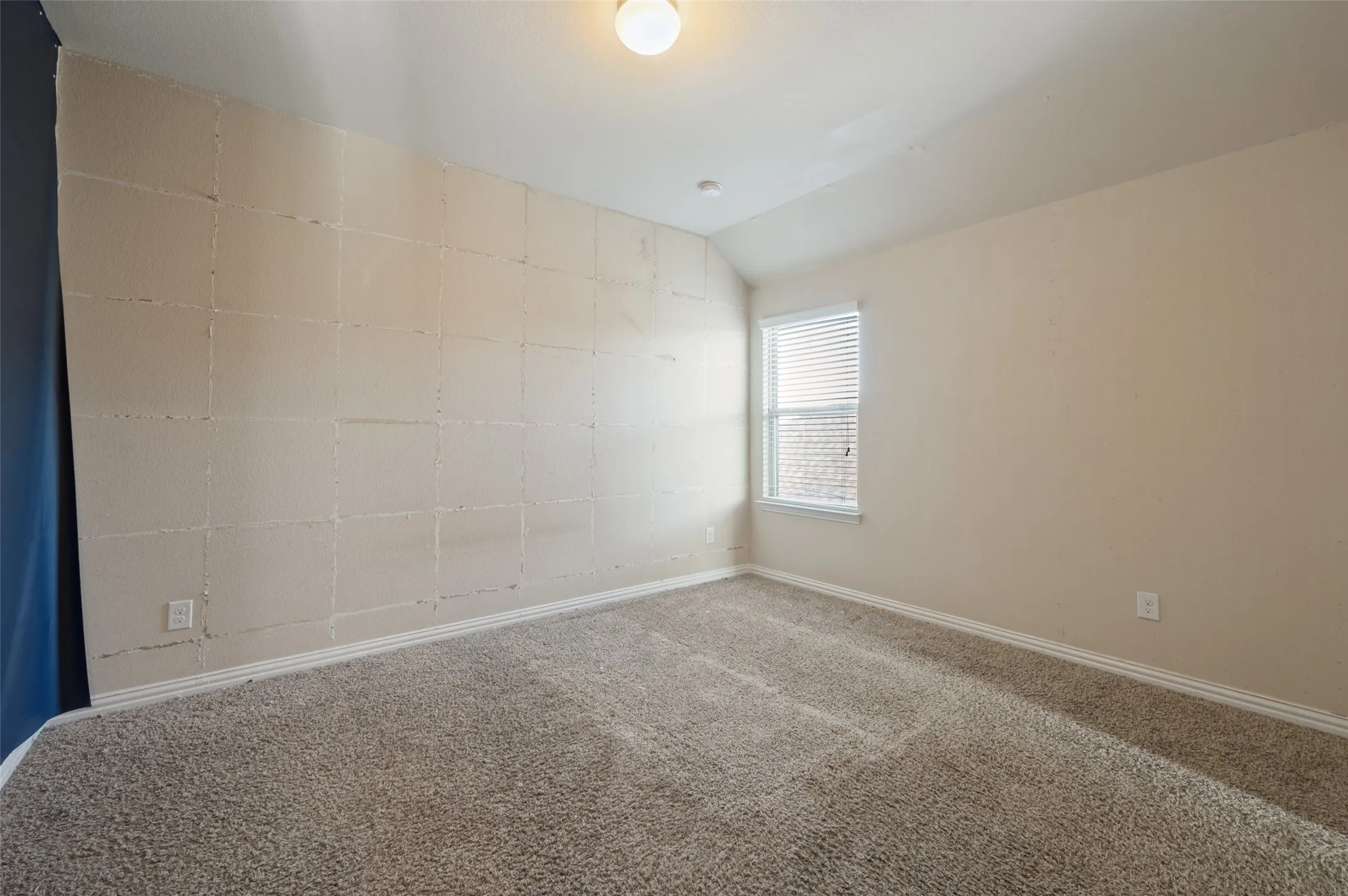 Carpeted flooring, vaulted ceiling, single window with blinds, overhead lighting fixture, textured accent wall