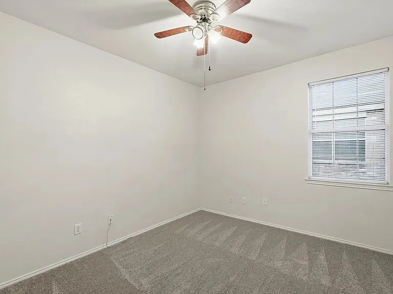 Neutral tone walls complement the textured gray carpeting