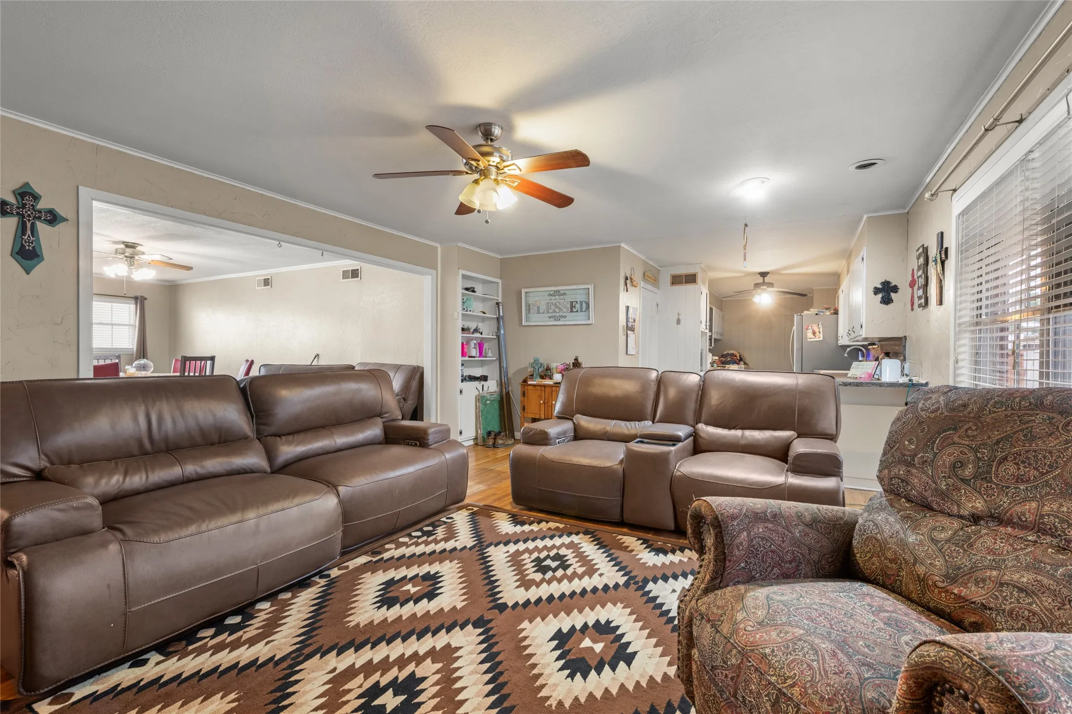Wood-finish flooring throughout the living area