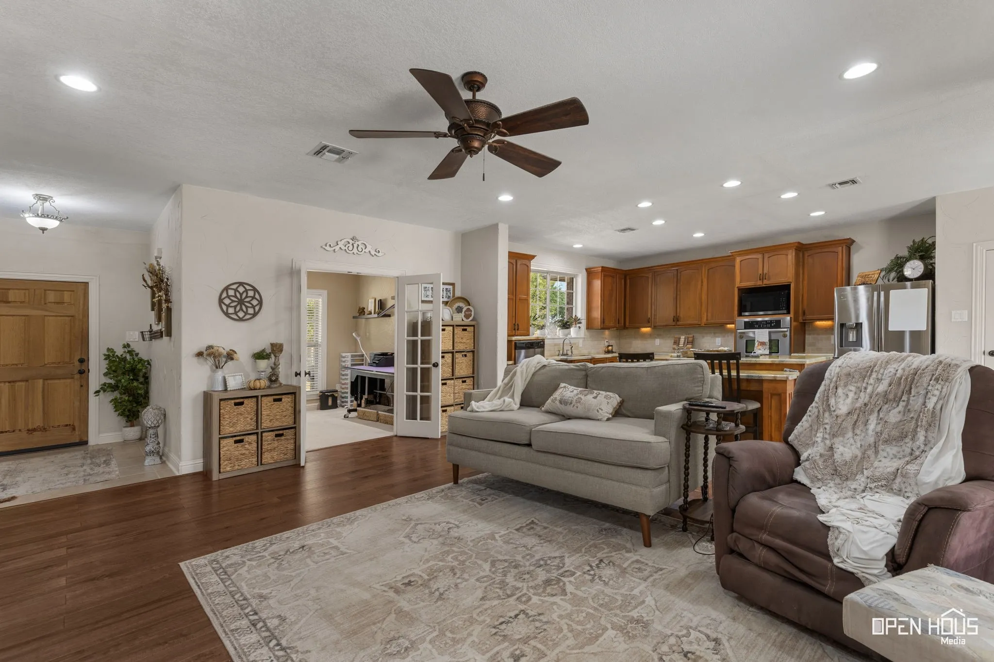 Wood-finish flooring throughout the main living areas