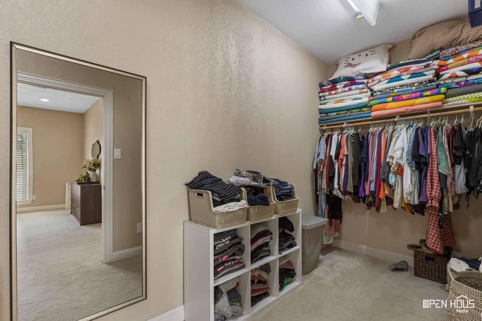 Built-in clothing rod, overhead shelving, and neutral wall color