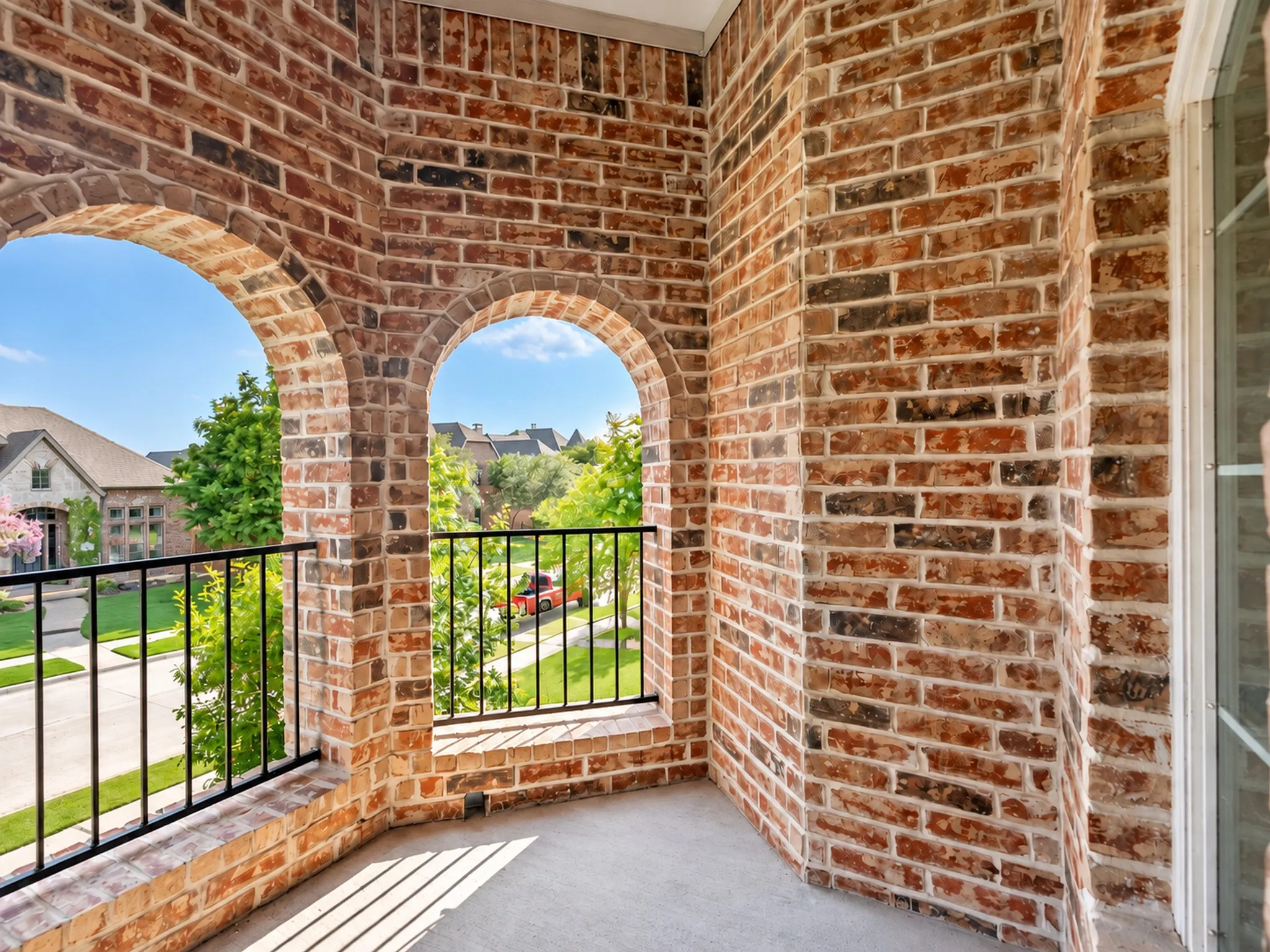 Balcony featuring brick construction, arched openings, black metal railings, and a concrete floor